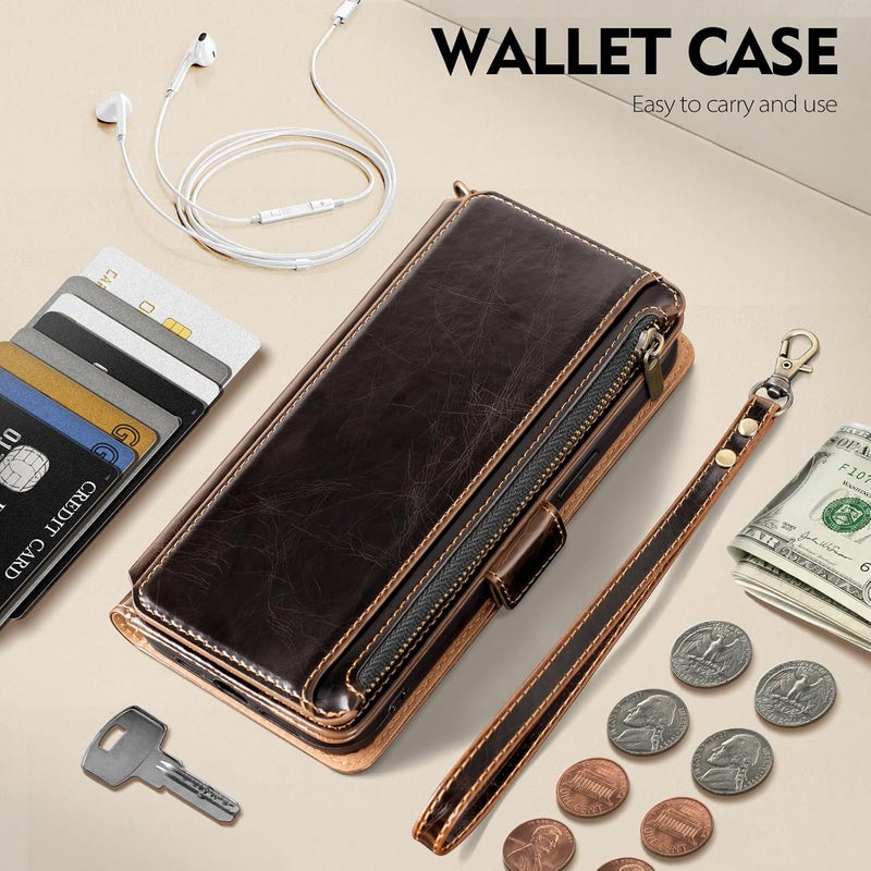 Antsturdy Compatible with iPhone 16 Pro Max Wallet Case,RFID Blocking PU Leather Phone Case Women Men Kickstand flip Cover Wrist Strap Zipper Credit Card Holder Slots for Apple 16 ProMax,Coffee - Image 3